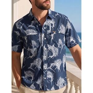 Bob‎ Timberlake Mens XL Fishing Shirt Blue Marlin Print Vented Ripstop Button Up